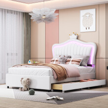Kinderbett Polsterbett 90 x 200 cm, Weißes Kronen-Mädchen-Einzelbettgestell aus PU-Leder mit Stauraumschubladen, LED-Leuchten, Lattenro