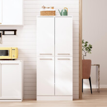 Kitchen Pantry Cabinet, Weisser Hochschrank glänzend, 4-türiger Vorratsschrank im Kühlschrank-Design, Höhenverstellbare Böden, Großer K