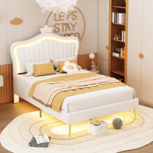 Kinderbett Polsterbet 90  x 200 cm, Bettgestell für Mädchen, weißes Kronen-Doppelbettgestell aus PU-Leder mit LED-Leuchten, Lattenrost