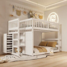 Niedriges Etagenbett140 x 200 cm, Sicherheits-Etagenbett mit Staufach, hohes Zaun-Design, Holzbett, weiß
