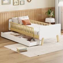 Kinderbett 90x190 mit 2 Schubladen, Einzelbett aus Massivholz mit Lattenrost, Weiß