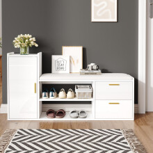 128*30*68cm Schuhschrank Schuhregal mit 2 Schubladen 1 Schrank, Hochglanz Schuhbänke Sitzbänke mit gepolsterter und Stauraum, Geeignet