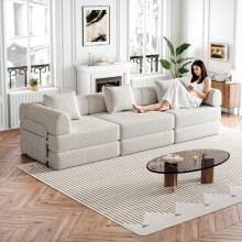 [Patented Design]Chenille-Schlafsofa 2-in-1 mit Staufach in der Armlehne, drei Metallrahmen und mehreren Konfigurationsmöglichkeiten.