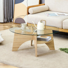 Moderner runder Glascouchtisch – Ø 80 cm mit transparenter Platte, multifunktionales Design. Fächerförmiges Gestell, Tischbeine aus MD