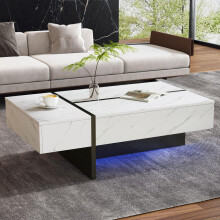WF323711WAA) Moderner weißer Couchtisch mit LED-Beleuchtung, Marmormuster, Hochglanz Tischplatte - 105*60*35cm - Unregelmäßiges Design