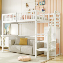 Hochbett 90x200 mit Treppe, weißes Kinderbett aus Holz mit Aufbewahrungsregal, einfacher Kleiderschrank
