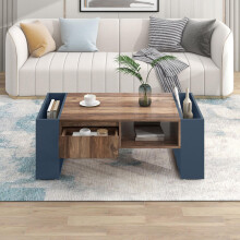 Couchtisch aus Holzmaserung, mit Eine grifflose Schublade, ein Staufach und Heckstaufach,doppelseitiger Stauraum. Mit Staufächern auf b