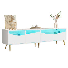 Moderner TV-Schrank 180 x 40 x 50 cm mit LED-Beleuchtung, weißem Korpus, goldenen Metallfüßen, Glasfront & Stauraum – stilvolles Lowbo