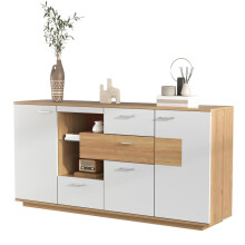 Modernes Sideboard-Schrank mit viel Stauraum, mit LED-Beleuchtung, 160x40x77cm, 2 Türen, 4 Schubladen, Glasablage, Holzoptik, Weiß,Wohn
