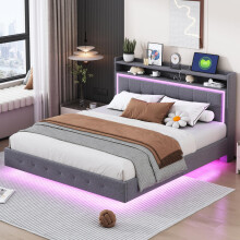 Polsterbett 160*200, mit USB-Steckdose und LED-Licht, Bett kann am Kopfende des Bettes platziert werden, verstecktes Fußdesign, Doppelf