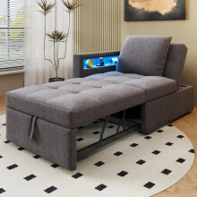 Polsterbett Schlafsofa 3 in 1 Multifunktions-Schlafsofa, Leinenstoffsofa mit verstellbarer Rückenlehne, Die Armlehne verfügt über LED-L