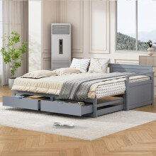 Multifunktionales Zwei-in-Eins-Tagesbett 90 (180) x 190 mit Kiefernbett, Schubladen und Ausziehbett Grau