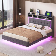 Polsterbett 140*200, mit USB-Steckdose und LED-Licht, Bett kann am Kopfende des Bettes platziert werden, verstecktes Fußdesign, Doppelf