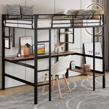 90x200cm Bettgestell Metallbett, Eisenbett mit Schreibtisch, Hochbett mit vier kleinen Regalen und einem großen Bücherregal für Kinder,