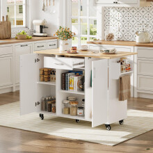 Kitchen Island, Küchenwagen mit klappbarer Arbeitsplatte, 120cm Kücheninsel auf Rädern, Rollbarer Servierwagen mit Schublade & Schrank,