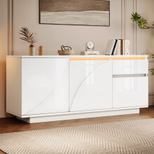 140*40*60cm Seitenschrank mit 3 Schränken,kommode mit LED,Sideboard mit 1 Schublade,Schränke mit verstellbaren Einlegeböden,Hochglanz-W