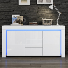 140*40*65cm Wohnzimmerschrank,Moderne Kommode mit 3 Schubladen,2 Türen,Breite 140 cm,Hochglanz Beistellschrank mit LED-Lichtleiste,Side