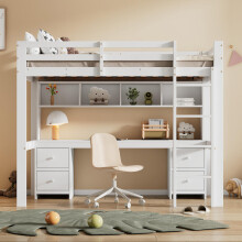 90*200cm Hochbett, Kinderbetten, Bett oben, Tisch unten, Großer Stauraum, Hohes Geländer, Stabile Treppe, Weiß