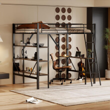 90x200cm Bettgestell Metallbett, Eisenbett, Hochbett mit Schreibtisch und drei großen Ablagen für Kinder, Jugendliche und Erwachsene, 9
