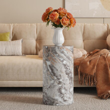 Eleganter runder Couchtisch aus MDF mit grauer Marmoroptik – Moderne Wohnzimmerdekoration im minimalistischen Design.Ideal als kleiner