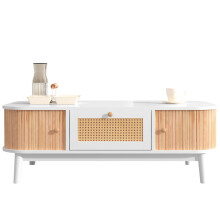 Couchtisch - Rattan-Kaffeetisch, Schubladen mit Rattan und Schiebetüren mit Massivholzlatten, Massivholzbeine, Natürlicher Landhausstil