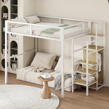 Hochbett 140*200 mit Leiter, Kinderbett mit Eisenrahmen und Aufbewahrungsregal, Kleiderschrank Weiß (Alte SKU LDB00198AAK)
