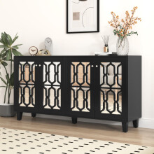 Schwarz verspiegelte Anrichte mit kühlen Kristallgriffen, Vier Türen, mit beweglichem Laminat.für Wohn- und Esszimmer, 160 x 40 x 84cm