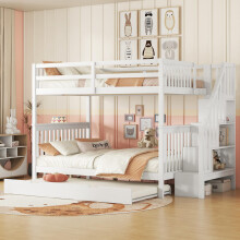 140*200cm Etagenbett, Treppenregal, ausgestattet mit ausziehbares Rollbett, hohe Geländer, EN747-1 zertifiziert, weiß