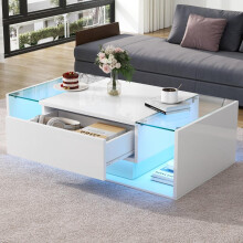 100*50*31cm Couchtisch,kaffetisch mit 1 Schublade und LED-Lichtleiste, Beistelltisch aus gehärtetem Glas,Hochglanz-Sofatisch,weißer Woh