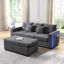 [5-Kissen-Supreme-Set] Moderne LED-Sofakombination mit wolkenartigem Sitzgefühl: 3-Sitzer-Sofa + übergroßer abnehmbarer Ottoman,Hochbel