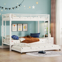 90*200cm Etagenbett, Eisenrahmenbett, Kinderbett, ausgestattet mit Ausziehbett, hohe Geländer, EN747 zertifiziert, robuste Konstruktion