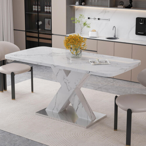 120CM-160CM Modern Rectangle Dining Table, Stretchable, with Printed White Marble Table Top+MDF X-Shape Table Leg with Metal Base