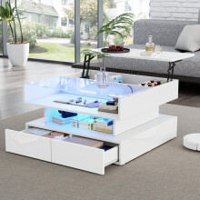 80*80*45cm Couchtisch Höhenverstellbarer Kaffeetisch mit Verstecktem Stauraum und 2 Schubladen,Sofatisch mit LED-Leuchten,Hochglanz-Woh
