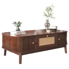 Couchtisch - Rattan-Kaffeetisch, Schubladen mit Rattan und Schiebetüren mit Massivholzlatten, Massivholzbeine, Natürlicher Landhausstil