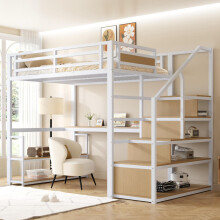 140*200 Metall-Hochbett mit Aufbewahrungsleiter mit Regalen und Tisch, Sicherheitszaun-Design mit gespleißten Metallplanken, Hohes Eise
