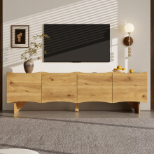Moderner TV-Schrank mit Wellenmuster – 155 cm Medienkonsole mit Stauraum, vier Türen und Kabeldurchführungen in Holzoptik, stilvolles