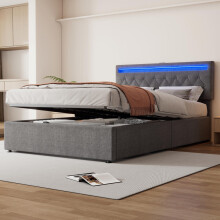 140*200 cm flaches Bett, gepolstertes Bett, Umgebungslicht am Bett, Bett kann angehoben und abgesenkt werden, USB- und Typ-C-Steckdose