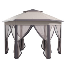 Gartenpavillon Faltpavillon 4x4m Pop-Up-Zelt Partyzelt mit Tragetasche und 6 Seitenteilen, Doppeldach sechseckig in Kaffee und Beige