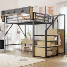 Hochbett 140x200 mit Sicherheitsleiter und flexiblem Staufach, Metallbett Erwachsenenbett Kinder-Etagenbett Schwarz