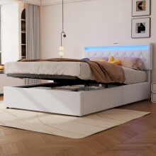 140*200 cm flaches Bett, gepolstertes Bett, Umgebungslicht am Bett, Bett kann angehoben und abgesenkt werden, USB- und Typ-C-Steckdose
