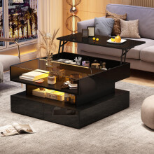 80*80*45cm Couchtisch Höhenverstellbarer Kaffeetisch mit Verstecktem Stauraum und 2 Schubladen,Sofatisch mit LED-Leuchten,Hochglanz-Woh