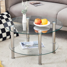 Moderner zweistufiger Glascouchtisch - Silberne Metallbeine.Stabil und geräumig,mit leichtem Luxusdesign.Der Metallglanz verbindet sich