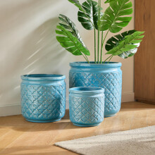 3-teiliges Keramikpflanztopf-Set (Ø 38,1/30,5/22,9 cm), blau mit Geometrie-Mustern, ideal für Orchideen. Für Innen/Außen, Fensterbänke/