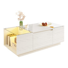 105 cm moderner, minimalistischer Couchtisch mit Stauraum, LED-Stimmungsbeleuchtung, Glasplatte und 2 Schubladen