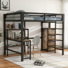 Hochbett, 140*200 cm, Eisenbett, Ablageleiter, mehrere Regale, Ohne Matratze,  Einbauschrank, Schreibtisch, schwarz