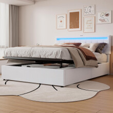 160*200 cm flaches Bett, gepolstertes Bett, Umgebungslicht am Bett,  Bett kann angehoben und abgesenkt werden, USB- und Typ-C-Steckdose