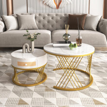 2 in 1 Runder Couchtisch aus MDF, Beistelltisch mit Tischplatte aus Marmor und Schubladen aus Kunststoff-Rattan, Griffe aus Massivholz.