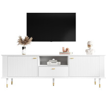 TV-Schrank mit offenen Fächern und Schubladen, lackierte Strukturoberfläche, Soft-Close-Scharniere