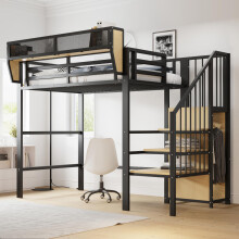 Hochbett 90x200 mit Sicherheitsleiter und flexiblem Staufach, Metallbett Erwachsenenbett Kinder-Etagenbett Schwarz