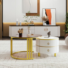 2-in-1 runder Couchtisch aus MDF, Beistelltisch mit 1 weißen Platte und 1 braunen Platte aus gehärtetem Glas, Couchtischkombination mit